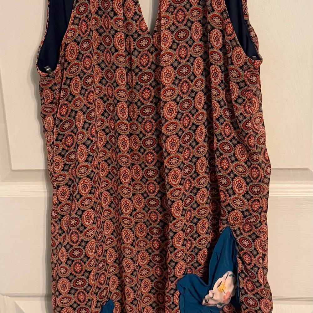 Upcycled Adjustable Dress in Rust, Beige, and Navy Pattern, Medium